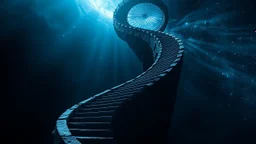 Stairs between heaven and hell, a big vertical spiral staircase made of indefinable material, the end of which cannot be seen, connecting the hellish dark depths with the endless dark blue universe, higg detailed, surreal, dark vibe, cinematic