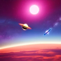 ufo, very beautiful bright mothership , elegant, clouds, planets, galactic atmosphere, atmospheric, realistic, cinematic lighting, pink blue light, 8k,