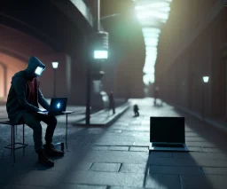 a hacker hacking on his laptop, setting in the street, under the bridge