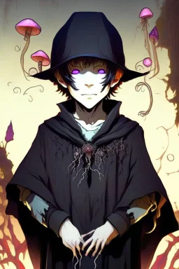 7 year old boy, necromancer, friendly, looks dead, with weird mushrooms growing out of him, wearing black robes, in the style of anime
