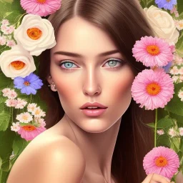  beautiful, pretty very young european female face portrait, detailed eyes, hair with flowers, cosmic ambiance , 8k