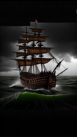 Pirate ship surround by ocean water, hurricane storm