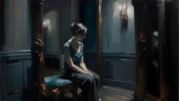 A classic oil painting with intricate brush strokes and dramatic lighting, Loneliness comes through empty mirrors, evoking a sense of isolation and longing