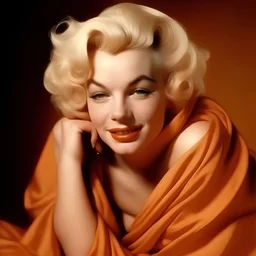 A photograph of cute disheveled marilyn monroe, depressed, , eyes closed, no make up, in the style of milton greene, light orange silk scarf around her shoulders, soft bacground