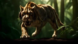 Huge sabre-toothed cat in the jungle with intricately detailed face, professional photography, bokeh, a breathtaking background cinematic side light, wide shot shot on dslr 64 megapixels sharp focus, canon lens, Hyperrealistic, concept art, 16k resolution