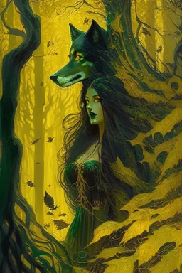 In the heart of a dense and enigmatic forest with towering ancient trees cloaked in emerald, yellow and amber foliage stands an ethereal beauty, her face is perfect, her lustrous hair cascading in ebony waves down to her slender waist she is slowly turning into a tree herself in the background just the crimson eyes of a large demonic dog are visible