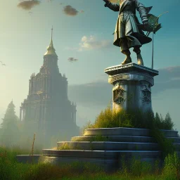 Monument, abandoned city centre, statue of human on top, look from distance, buildings visible whole statue, overgrown statue and monument, realistic, highly detailed