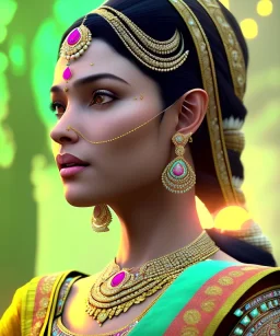 A portrait of a crystalised indian queen, atmospheric, realistic, unreal engine, cinematic lighting, octane render, transoarent, green turquoise light