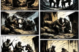 Masterpiece1:5)(Fineart), (award-winning:1.5), highest quality, war journalism editorial (by Alex Howitt, Bess Hamiti, Guy Aroch:1.5:1.5)),(Eastern Ukraine:(panel one:the moment after a battle ends, horrors of war, wounded men),(2nd panel, cinematic shot of men sitting in trench with 1000 yard stare (focus on their eyes:1.5)),(the third panel shows troops tired but hyper alert), (the fourth panel shows the sky is filled with incessant, fire and smoke everywhere,)