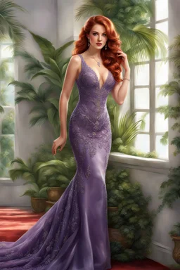 elegance, beautiful woman, 18 years old,front view, tiny, luxuriant, center, single luxuriant purple dress, red hair, render indoor palm, white background,32k, ultra high definition,realistic, white background, clipart, thomas kinkade, blushing, masterpiece, unique, breathtaking, Best Artist, Cinematography, Soft Lighting, Cute and well loved, Creative, Ultra detailed