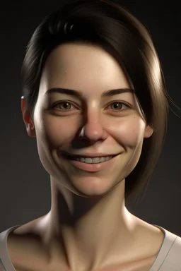 realistic, (29yr old female)without makeup, Caucasian beautiful face, dark hair, wearing a tight white shirt, studio lighting, cinematic light, beautiful woman, milk beige middle hair, perfect anatomy, very cute smile, (head frame), center image, style, bioluminescent, 8k Resolution, human hands, curiously complete, elegant, close to perfection, dynamic, highly detailed, character sheet, concept art, smooth, symmetrical body and balanced directly towards the viewer, detailed hairstyles