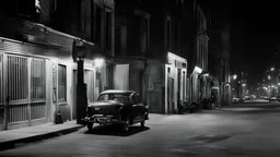 1950s Chicago, street, night exterior, a car parked in front of an alley, captured on a 35mm camera, black and white, classic film. Car interior, night.