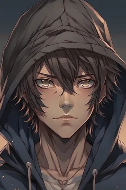 Anime man in hood messy hair realistic