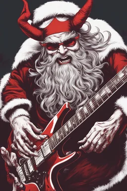 satanic santa claus with devil horns playing electric guitar