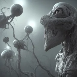 grey alien, volumetric lighting, particals, intricate detail, realistic, close up