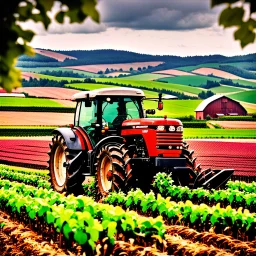 A farmer wearing denim overalls and wearing black rubber boots is plowing an agricultural field with a tractor, in the background hills of vineyards, a forest and a large barn, cloudy sky, lunch time, outdoor shot, cinematic, 12K, 1024X1026 pixelowers,types of flowers with name