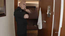 guy smells numbers on his hotel room door