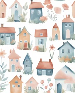different cute house clipart collection with flowers, flat watercolor illustration, in style of minimalism, isolated on white background, modern design