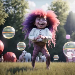 Ultra realistic circus scene. Sweet big hair monster. Child’s playing, smile, happy, color bubbles, smooth color, waist up view, Wes Anderson style, dark ambient, highly detailed, concept art, unreal engine 5, god rays, ray tracing, RTX, lumen lighting, ultra detail, volumetric lighting, 3d, finely drawn, high definition, high resolution.