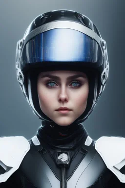 Black racing suit AnnaSophia Robb, portrait, bright eyes, wearing high tech racing helmet, white smoke, dark, rage, sorrow, high definition, ultra 8 k, volumetric lighting, blue fire, fog