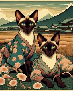 Two sister Oriental shorthair Siamese chocolate point cats" Asakusa Ricefields, Japanese Art Poster, in the style of Utagawa Hiroshige