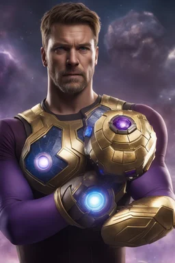 A sporty looking man with With a serious his face while holding Thanos' gantlet K's infinity gauntlet has six infinity stones