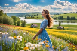 Young woman in flower field in country side ,river, houses,blue sky ,nice clouds,god rays