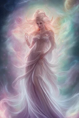 Create an image of a full body cosmic Goddess. The goddess should be depicted as a beautiful and powerful figure, surrounded by cosmic stars. Her hair should be long, blond and flowing, and she should be dressed in a flowing gown blue celestial robe. In the background, include imagery of pink flowers, blue sky,trees. The image should evoke a sense of joy, celebration, and spiritual connection to nature.