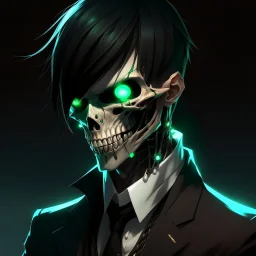 man, half-elf, young, noble, suit, skull mask covers half of the face, pale skin color