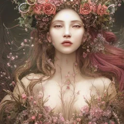 Insanely detailed photograph of an “portrait of gorgeous spring goddess ” with intricate hair, intricate embroidered dress, beautiful clear face and hyperdetailed painting by Ismail Inceoglu Huang Guangjian and Dan Witz CGSociety ZBrush Central fantasy art album cover art,8K, hdr, romantic, mysterious, ominous, beautiful flowers, jewelry, comfort, natural eyes, "arms open for embrace"