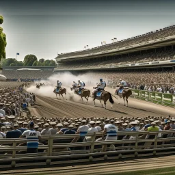 Top photo of horse racing on a stadium track with a large crowd