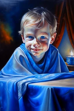 oil painting portrait of metallic slightly cute smirking innocent blue eyed vampire on a towel behind table with a shining globus earth, bokeh , high detail, smooth render, prize winning, down light, depth of field, aura