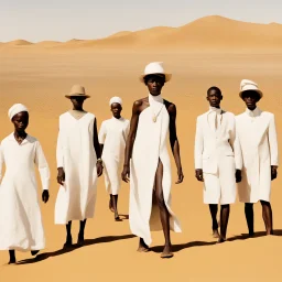 In the style of William Klein, extremely thin and malnourished black African people wearing white collar dress in an arid desert landscape, color photography captured in the style of dslr camera. --ar 62:85 --v 6. 0