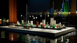 Architectural model floating on a dark, calm river at night, showing sleek metal vertical poles supporting minimalist white cubicles and vibrant spheres, with the city skyline in the background.