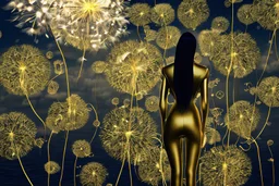 A skinny woman with black hair, in a gold and black android suit, standing, looking out over a lake, with flying dandelion heads with octopus tentacles, with tall narrow cloud trees in the distance