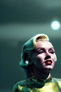 Ultra Realistic retro sci-fi scene, portrait, blonde woman, sweet young Marilyn Monroe face, perfect iris, tight latex coat, Strange planet background, Retro sci-fi style helmet, fog, rain, soft color, highly detailed, unreal engine 5, ray tracing, RTX, lumen lighting, ultra detail, volumetric lighting, 3d, finely drawn, high definition, high resolution.