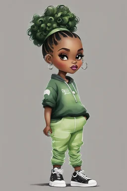 Create an watercolor image of a curvy chibi cartoon black female wearing a light green jogger set and black sneakers. Prominent make up with hazel eyes. Extremely highly detailed of messing curly bun