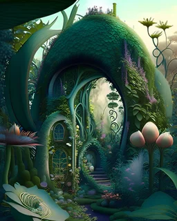 A magical garden with plants that grow in fantastical shapes and sizes.