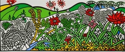 Green grassy fynbos with floral plants painted by Keith Haring