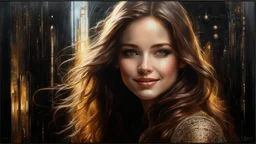 In Casey Baugh's evocative style, art of a beautiful young smiling girl cyborg with long brown hair, futuristic, scifi, intricate, lace, elegant, highly detailed, majestic, Baugh's brushwork infuses the painting with a unique combination of realism and abstraction, greg rutkowski, surreal gold filigree, broken glass, (masterpiece, sidelighting, finely detailed beautiful eyes: 1.2), hdr, realistic painting, natural skin, textured skin, closed mouth, crystal eyes, butterfly filigree, chest armor,