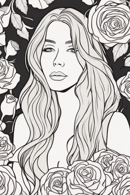 modern realistic cartoon drawing style high contrast coloring page of a happy beautiful woman with long hair, surrounded by roses, close up head shot, dynamic pose, upper body portrait, illustration, adult coloring page, thick outline, no details