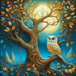 Breathtaking, rough impasto colourful acrylic art in the style of Amanda Clark, Jacek Yerka, Benjamin Lacombe and Amanda Sage, surreal dreamlike spooky fantasy forest with tiny details in autumn. owl sitting in a tree. white 3D outlines and filigree intricate details. Soft, ethereal moonlight filtering through a foggy, hazy, luminous, dreamy atmosphere. Beautiful vibrant colours with an iridescent burnt orange, dark red, brown, yellow, lilac, cerulean and burbundy gradient. Delicate, insanely de