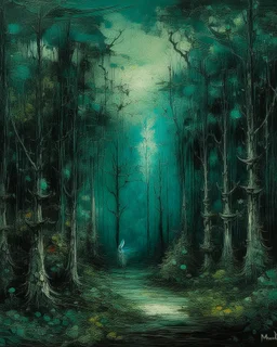 A blackish teal forest with a fairy kingdom painted by Claude Monet
