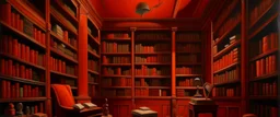 A dark orange library with floating books painted by Thomas Hart Benton
