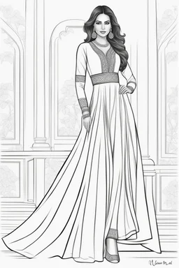 Coloring page for adults of a elegant fashion model woman wearing hindi dress, dynamic poses, full body portrait, thick and clean lines, clean details, no-color, no-turban, no-background, non color, non shading, no-grayscale, dynamic poses, full body portrait, thick and clean lines, clean details, no-color, no-turban, , non background, non color, non shading, no-grayscale, no color hair