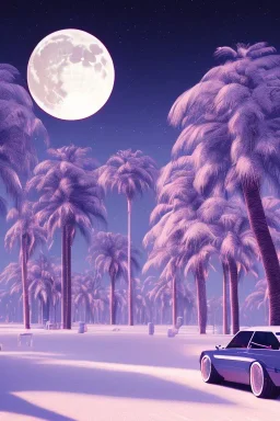 1980's aesthetic vaporwave palm trees with lighting with moon with audi in the winter snow