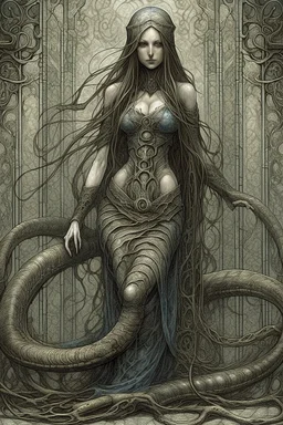 A beautiful girl with long hair , full body , holding a snake , front view . decayed and rotting with grotesque proportions and imagery. grotesqueries, detailed texture, surreal horror, biomechanical design, by hr giger and beksinski