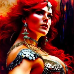 Drawing of beautiful face,'beautiful ,Busty Red Sonja',intense stare, ancient skintight armor, balanciaga fashion clothe painting by gaston bussiere, greg rutkowski, yoji shinkawa, yoshitaka amano, tsutomu nihei, donato giancola, tim hildebrandt, Oil on canvas, cinematic composition, extreme detail,fit full head inside picture,16k