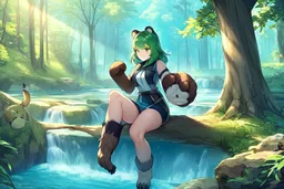 Girl, green hair, raccoon tail, raccoon paws in hand, raccoon paws in foot, forest, river, sit on tree