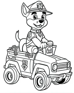 outline art for Paw Patrol Marshall With Fire Truck coloring page, Japanese manga style, cartoon style, cute face, white background sketch style, full body is a must, only use outline, clean line art, no shadow, bold outline